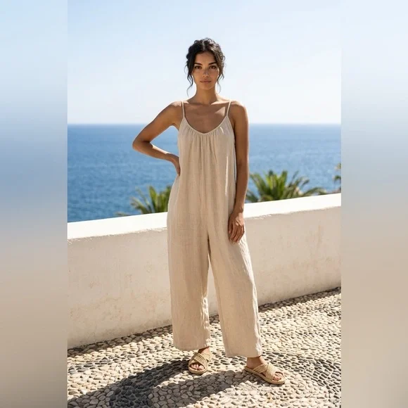 Relaxed Beige Spaghetti-Strap Linen Jumpsuit - Picture 1 of 5